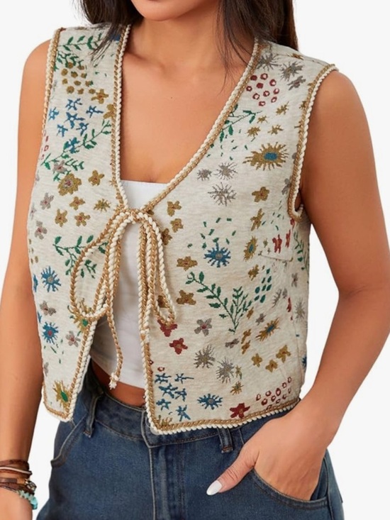SHEIN Jackets & Blazers - Shein Boho Cowgirl Tapestry Floral Tie Front Vest Cream Gold Braided Trim
